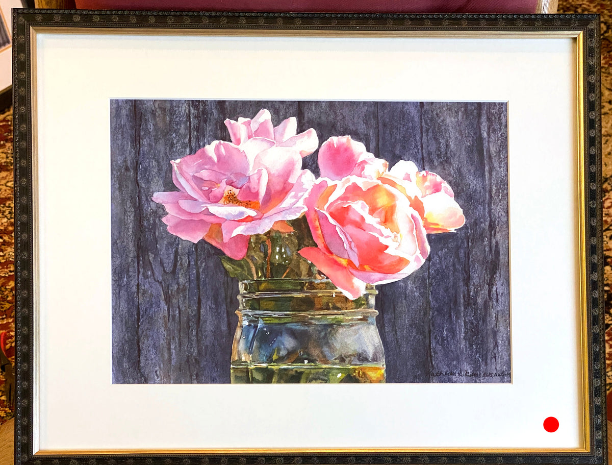 Original Watercolor painting of Pink Roses by the Barn