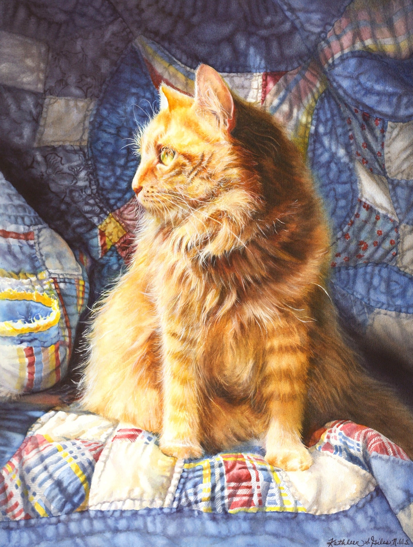 Original Watercolor Painting of Cat on a Quilt